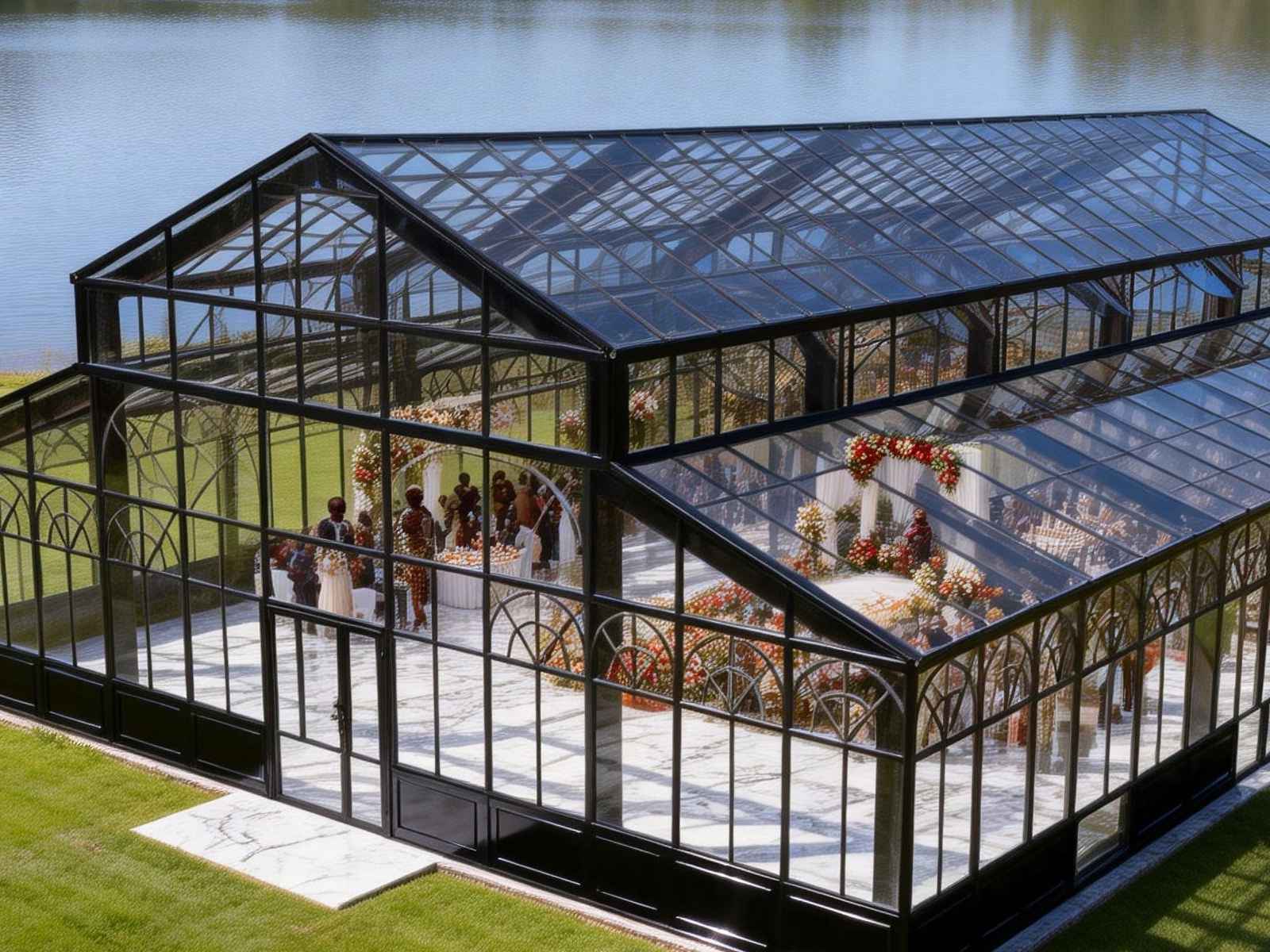 High angle overhead view of black steel victorian conservatory, lake backdrop, fully furnished wedding reception inside transparent glass structure