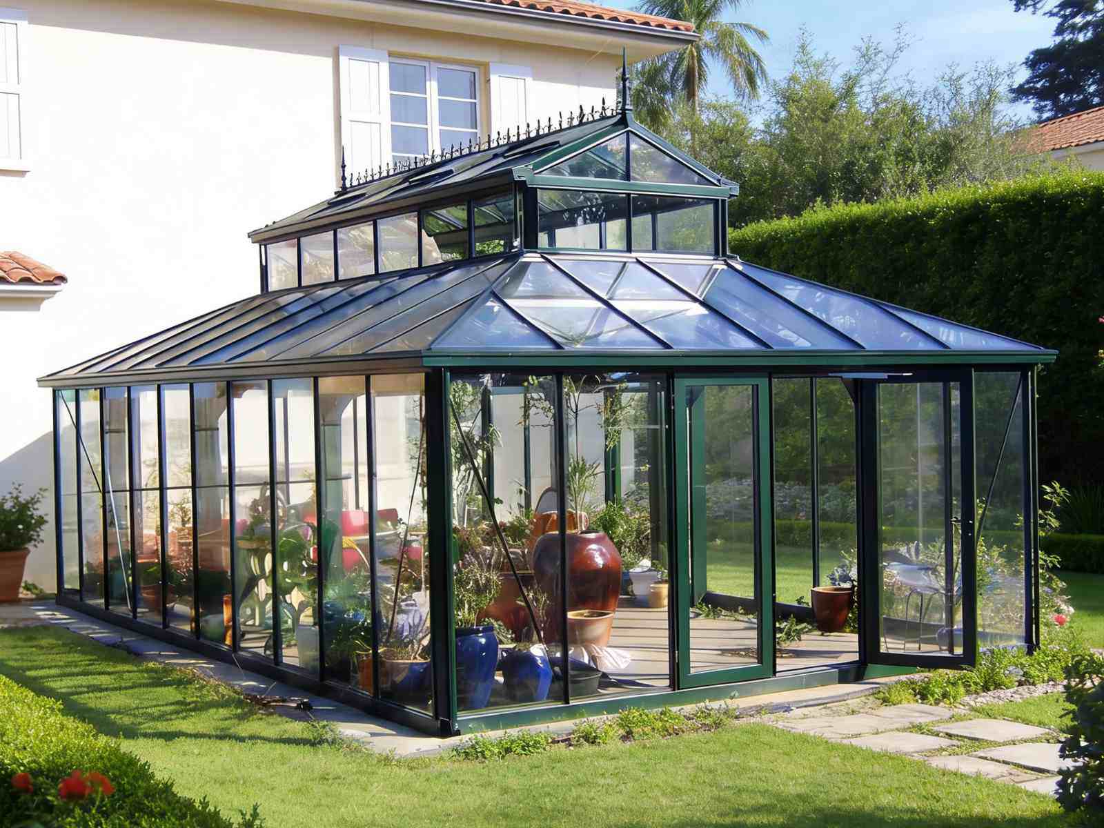 YONGSHENG YSGH-213 Victorian Style Glass Greenhouse Installed in a Sunlit Garden with Flower Beds