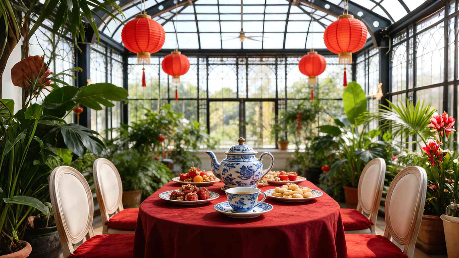 Frühlings-Tee im Viktorianischen Wintergarten: Rote Deko & Chinesisches Teeservice