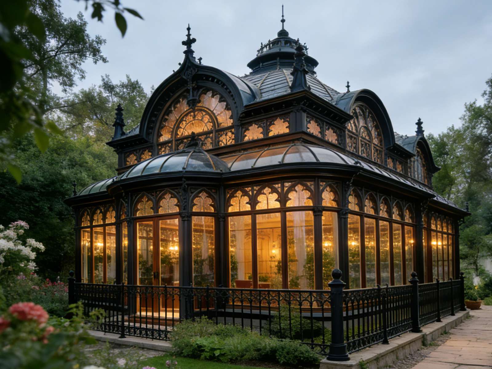 Victorian black metal glass greenhouse with warm interior light at dusk.