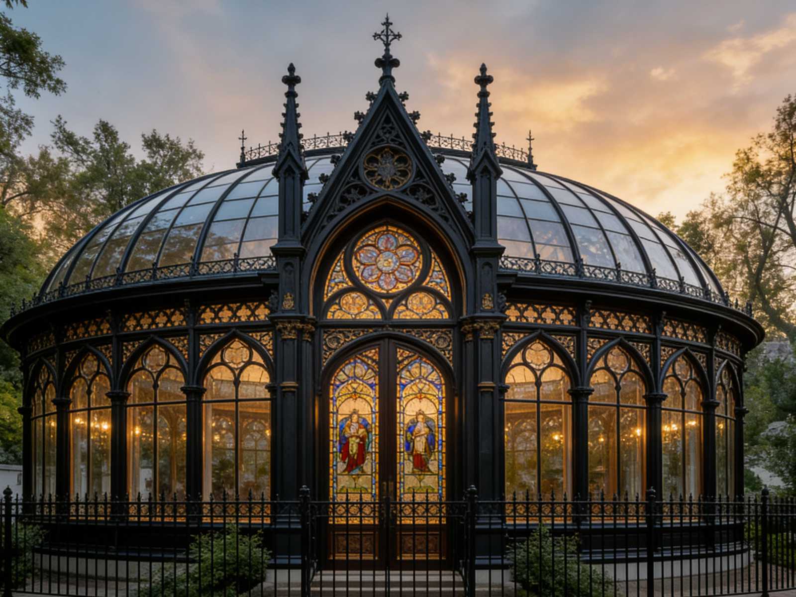Black Gothic greenhouse with stained glass doors and sunset light.