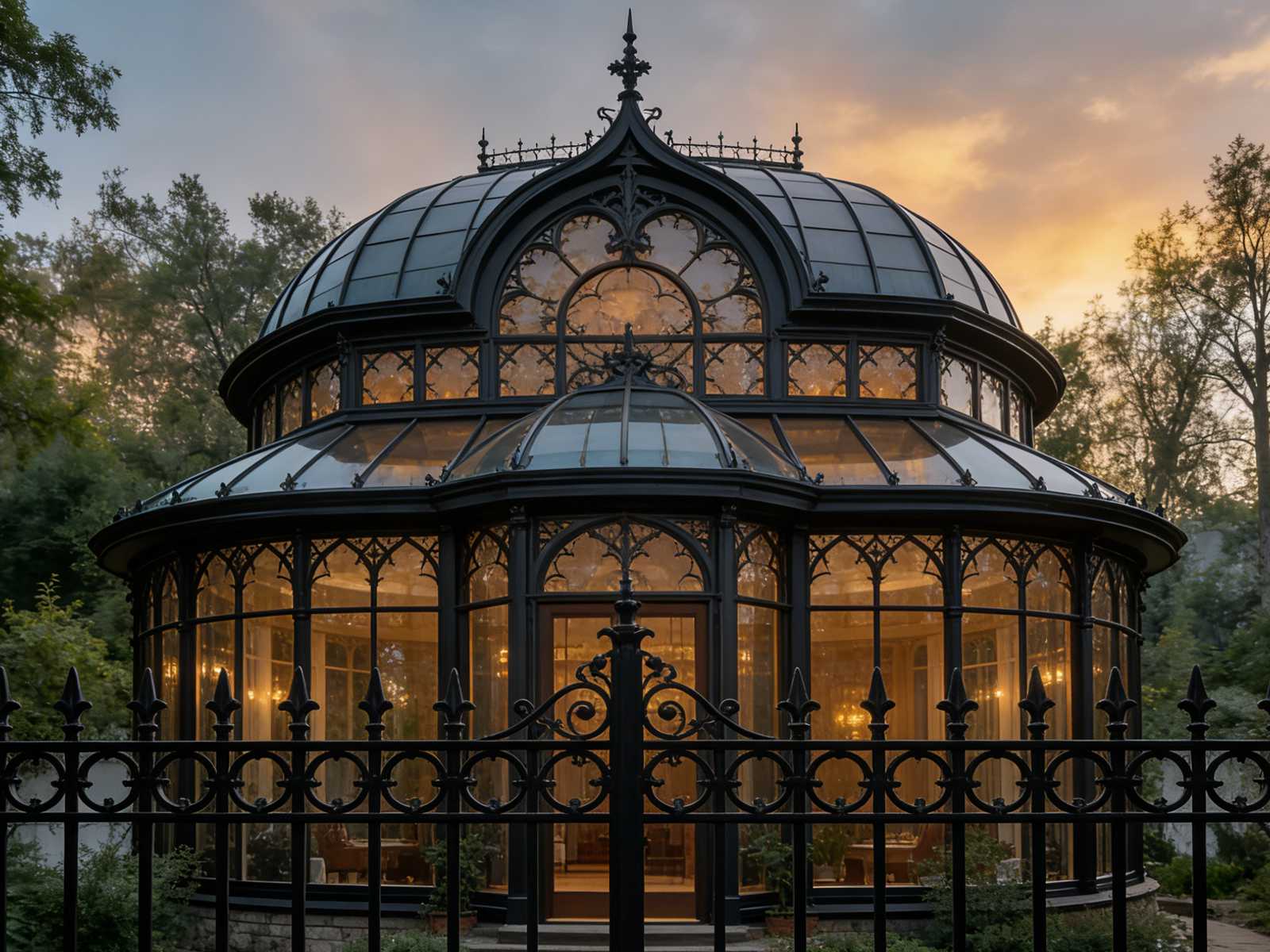 Gothic Revival black metal greenhouse with curved glass roof and sunrise sky.