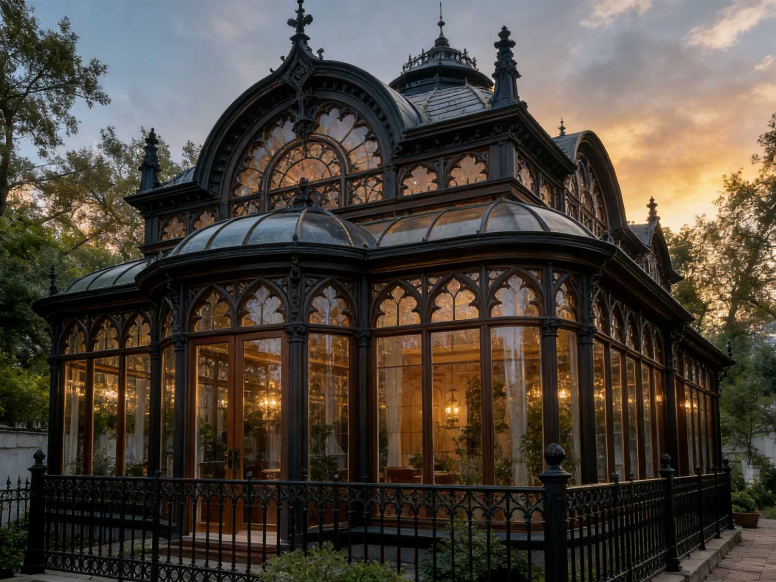 Large black metal Victorian greenhouse with garden pathway and sunset background.