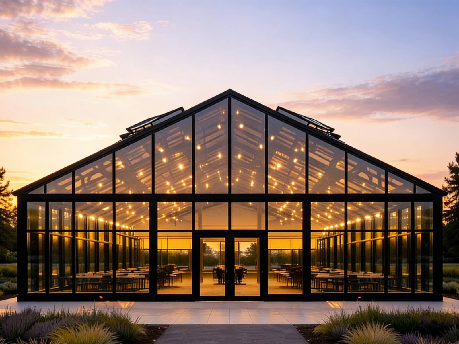 Front view of large black metal frame glass greenhouse building at sunset, double glass entrance doors, string lights inside, gable roof with ventilation skylights, garden plant foreground, multi‑function event hall for wedding and reception