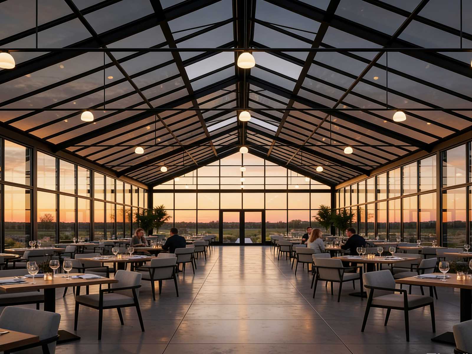 Inside view of glass greenhouse reception hall, floor‑to‑ceiling glass walls, gable metal roof structure, pendant ceiling lamps, arranged dining tables and chairs, sunset rural landscape outside windows, wedding and business event interior