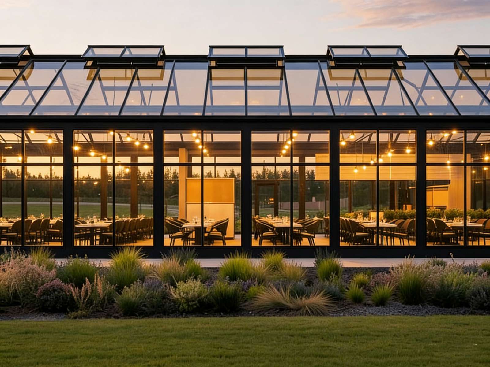 Side profile long view black framed glass greenhouse event building, row of opening roof skylights, warm interior string lights, neatly set dining tables inside, ornamental grass garden in foreground, twilight sky, modular event venue
