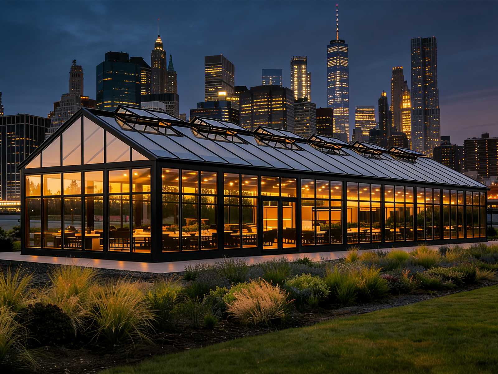 Black frame gable glass greenhouse event venue at dusk, warm interior lighting, ornamental landscape plants, downtown city skyscraper skyline background, modular aluminum glass building for wedding and banquet