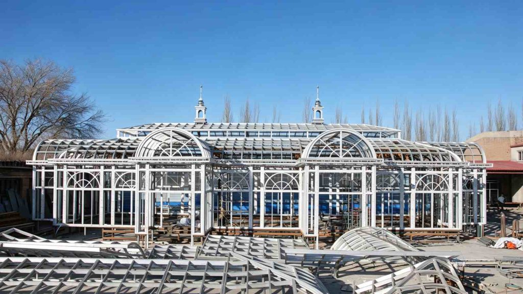 On site installation of hot dip galvanized steel frame for Norrviken Park Victorian glasshouse Sweden