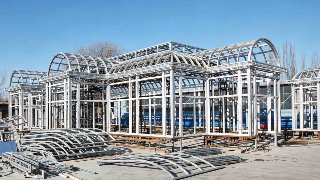 Victorian glasshouse hot dip galvanized steel frame on site installation at Norrviken Park Sweden