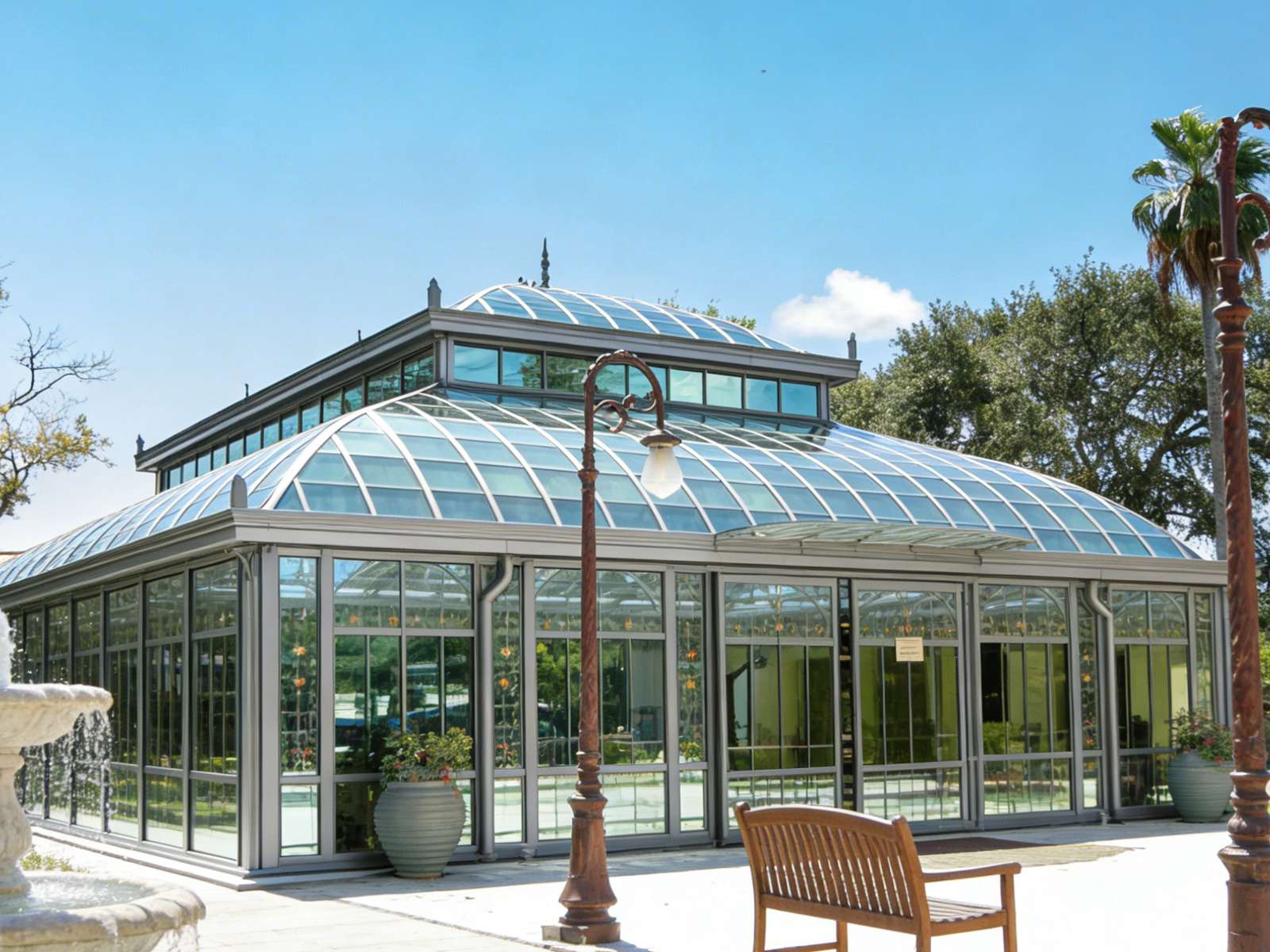 Victorian Conservatory large glass garden sunroom with multi‑level curved glass roof, metal frame in garden courtyard