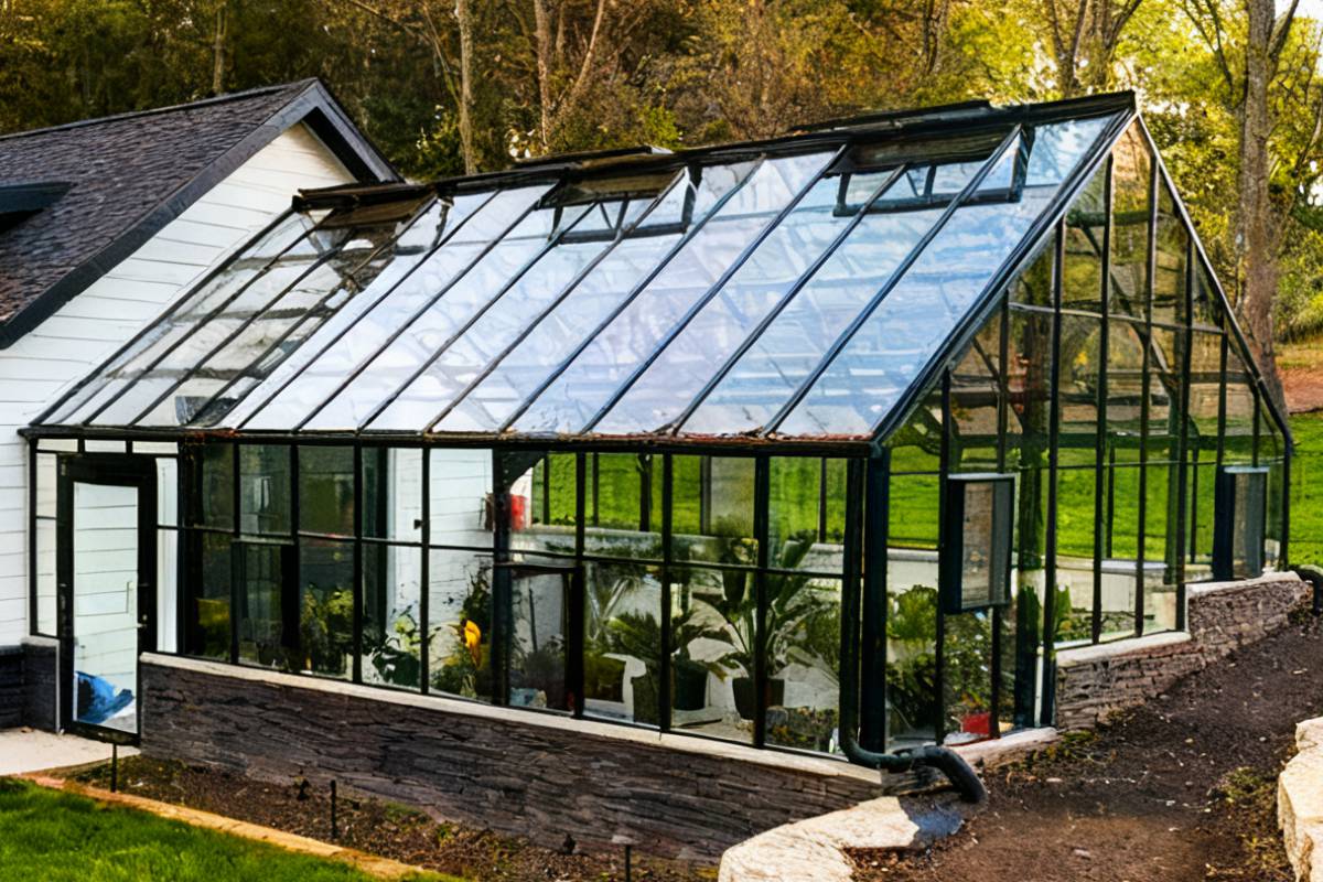 Glass Greenhouse Ysgh 230: Forest Modern Sunroom With Black Metal Frame