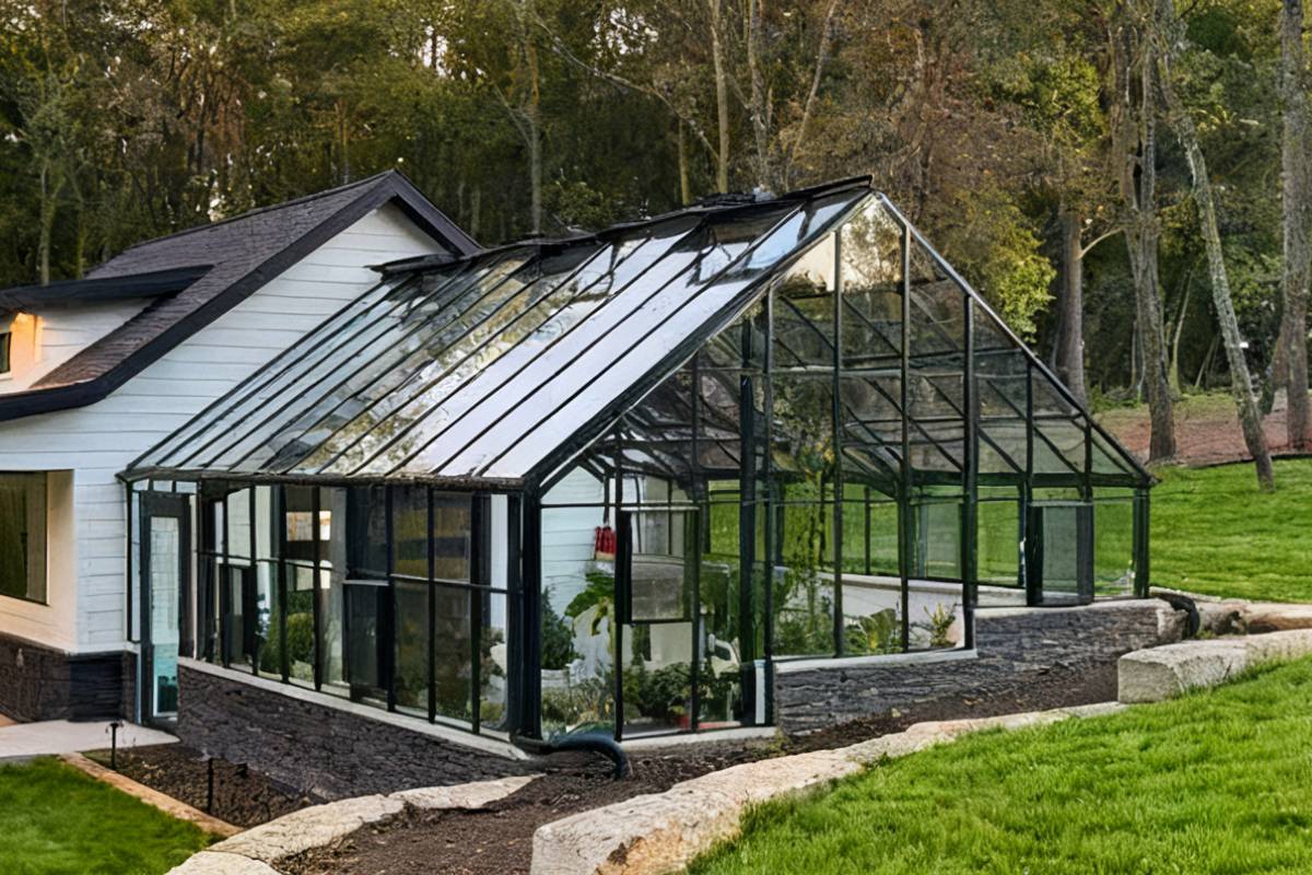 Glass Greenhouse Ysgh 230: Forest Modern Sunroom With Black Metal Frame