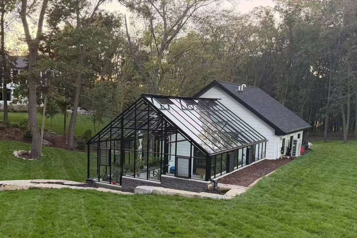 Glass Greenhouse Ysgh 230: Forest Modern Sunroom With Black Metal Frame