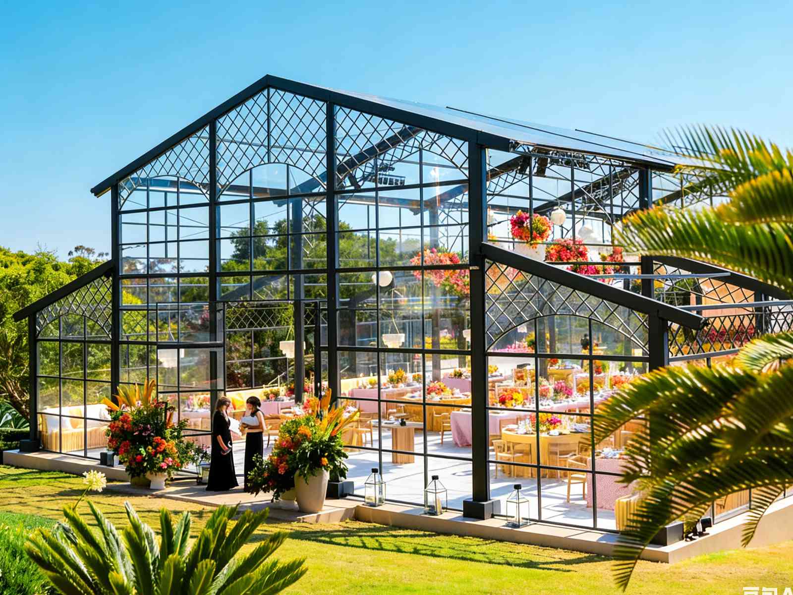 Spacious black‑steel glass greenhouse event venue on sunny day, decorated for outdoor banquet with lawn and palm plants