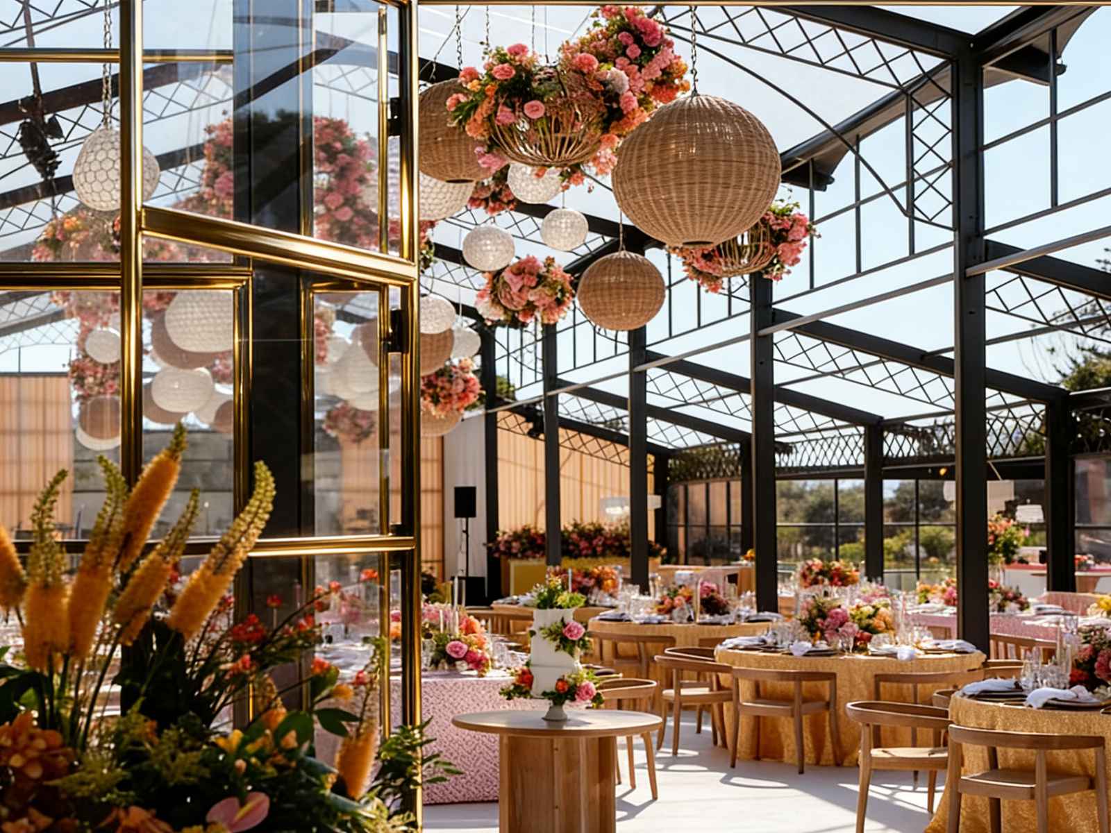 Interior of glass greenhouse wedding hall, hanging rattan lanterns and floral decor, set dining tables