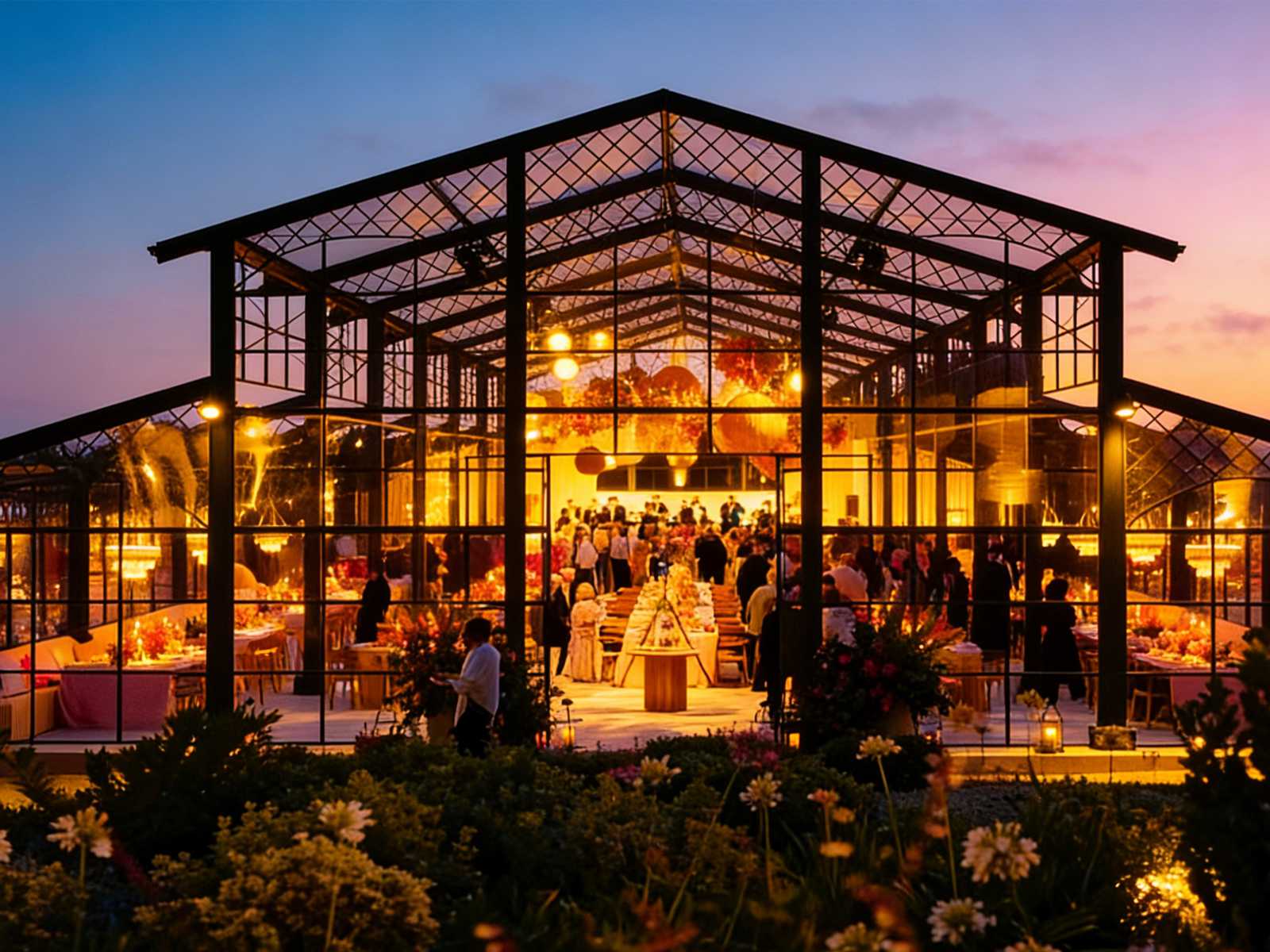 Black metal glass greenhouse venue for evening wedding reception with warm lighting and guests at sunset