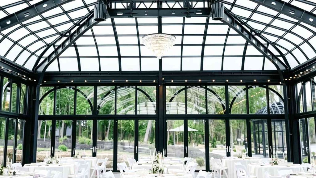 Daytime interior of Victorian conservatory, black arched steel frames, large glass panels and high vaulted roof