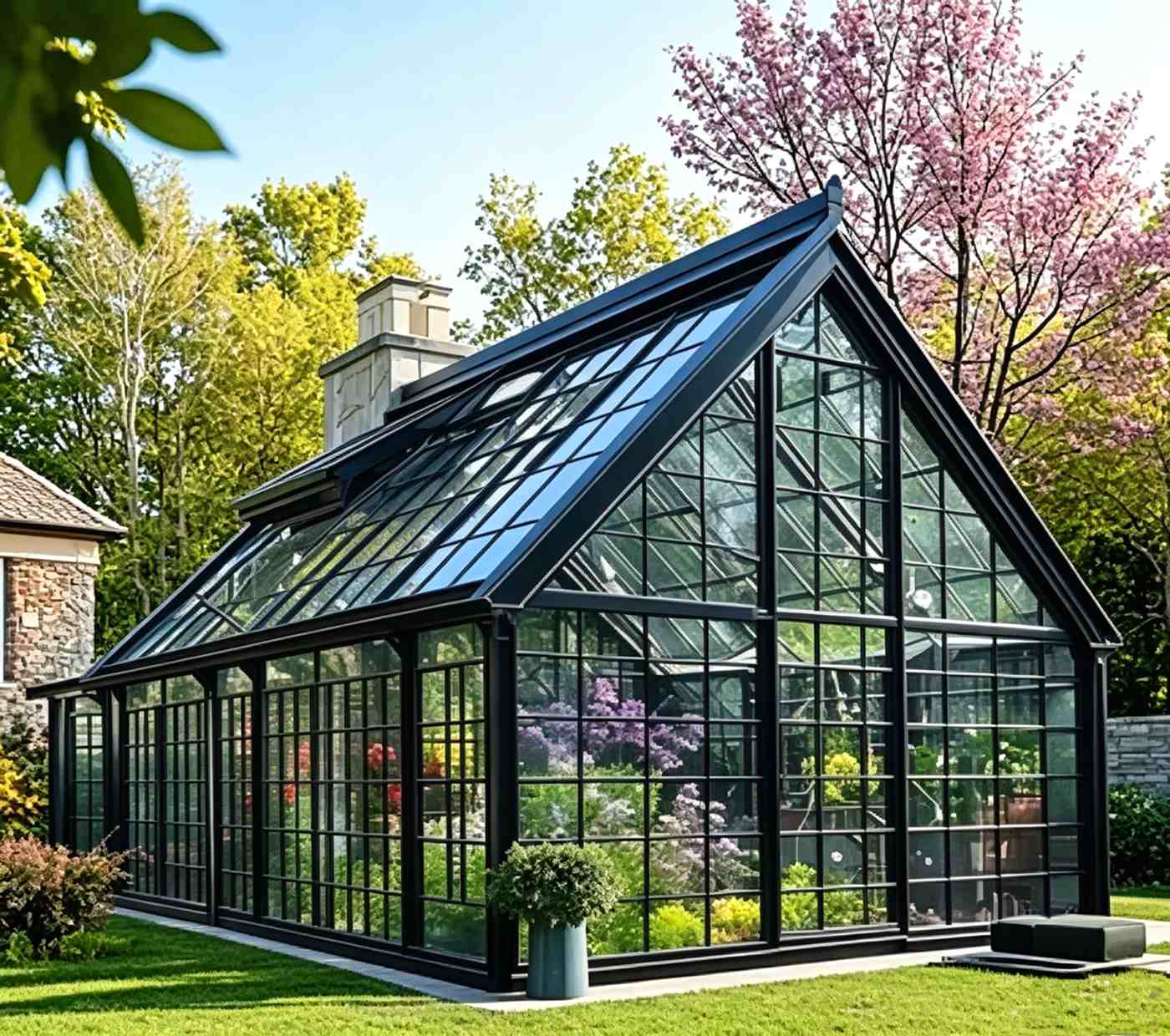 Black frame cast aluminum gable sunroom, villa backyard glass greenhouse plant conservatory