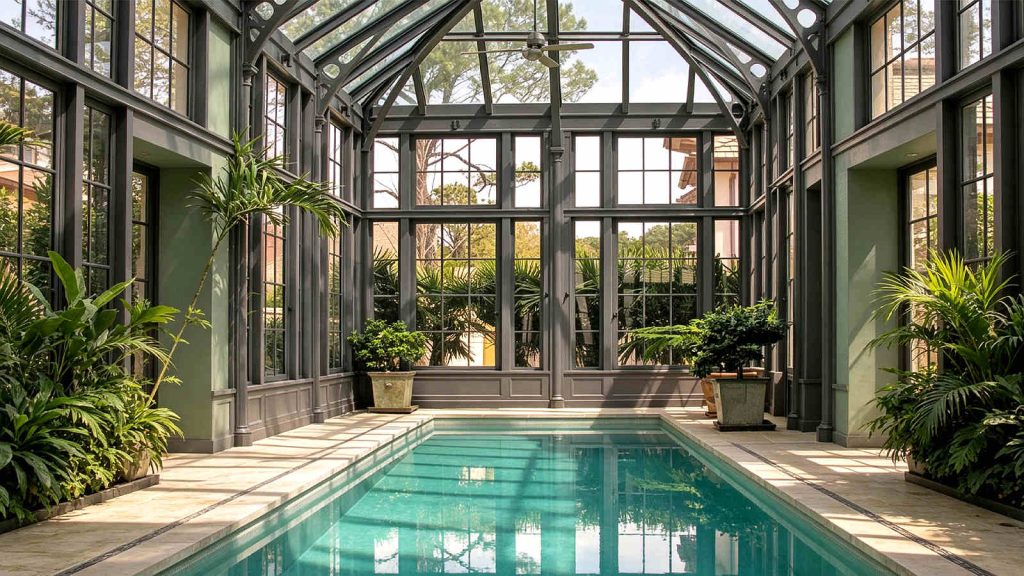 Graphite steel conservatory pool enclosure with dark narrow frames, wood wainscoting, and ceiling fan