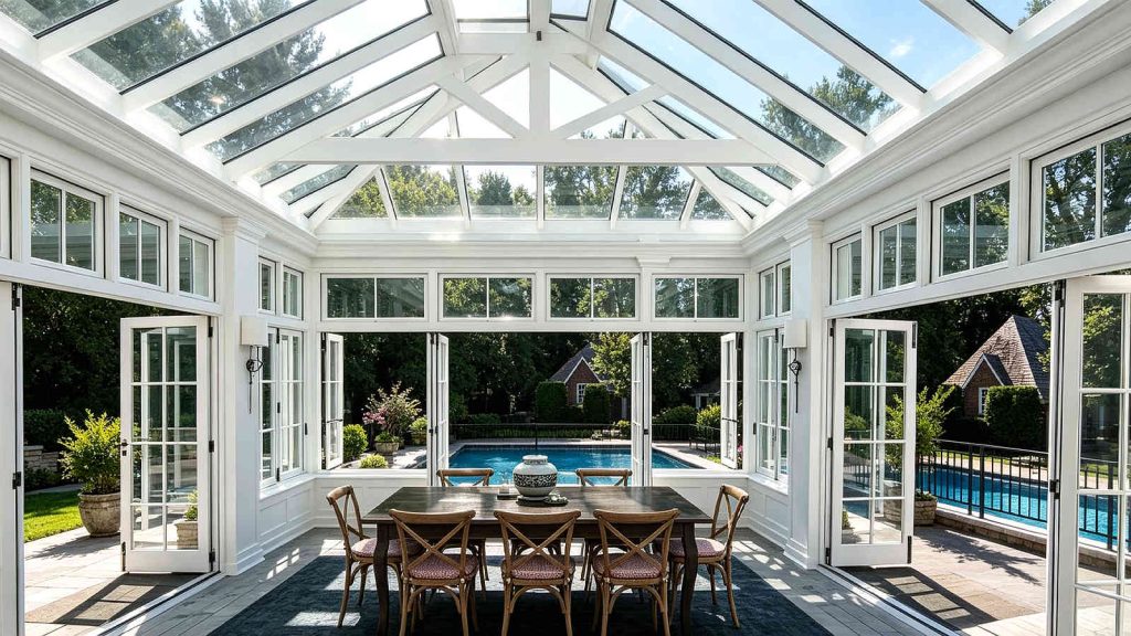White pool conservatory enclosure featuring open French doors and an indoor dining table overlooking the yard