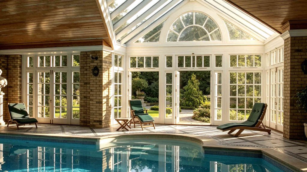 Arched brick manor pool solarium with vintage lounge chairs, Roman bust sculpture, and white grid windows