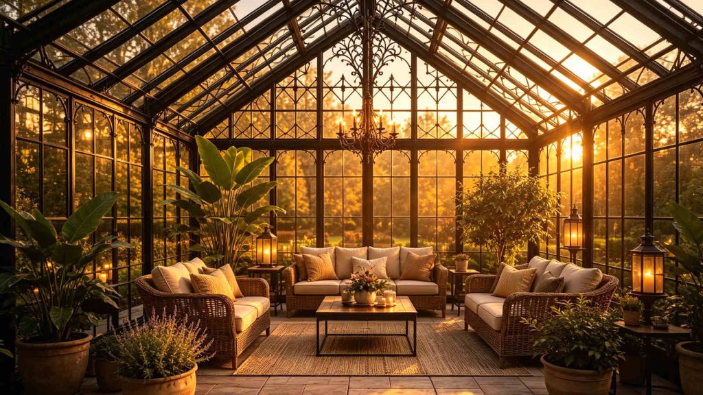 Black frame sloped glass sunroom with olive table and rose garden view.