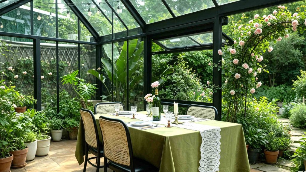 Gothic black steel greenhouse with wicker sofas and warm sunset glow.