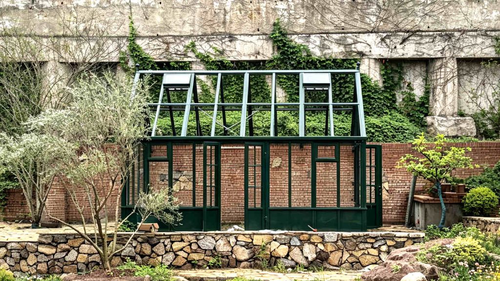Steel greenhouse frame skeleton with roof vents pre-installed
