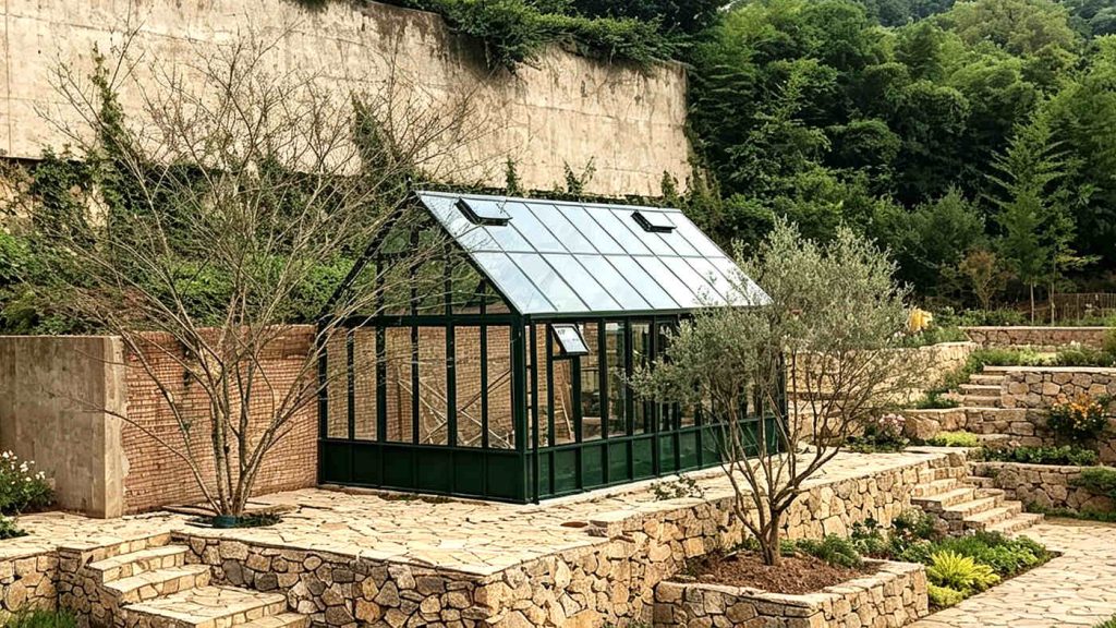 Final completed moss green steel greenhouse in garden