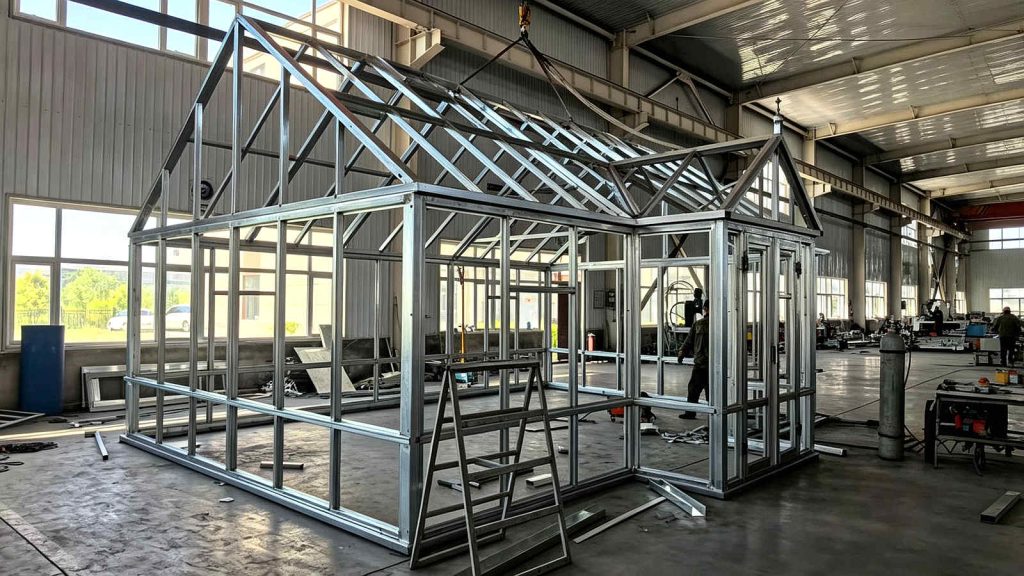 Full steel greenhouse skeleton erected inside factory, with overhead crane and workers on site.
