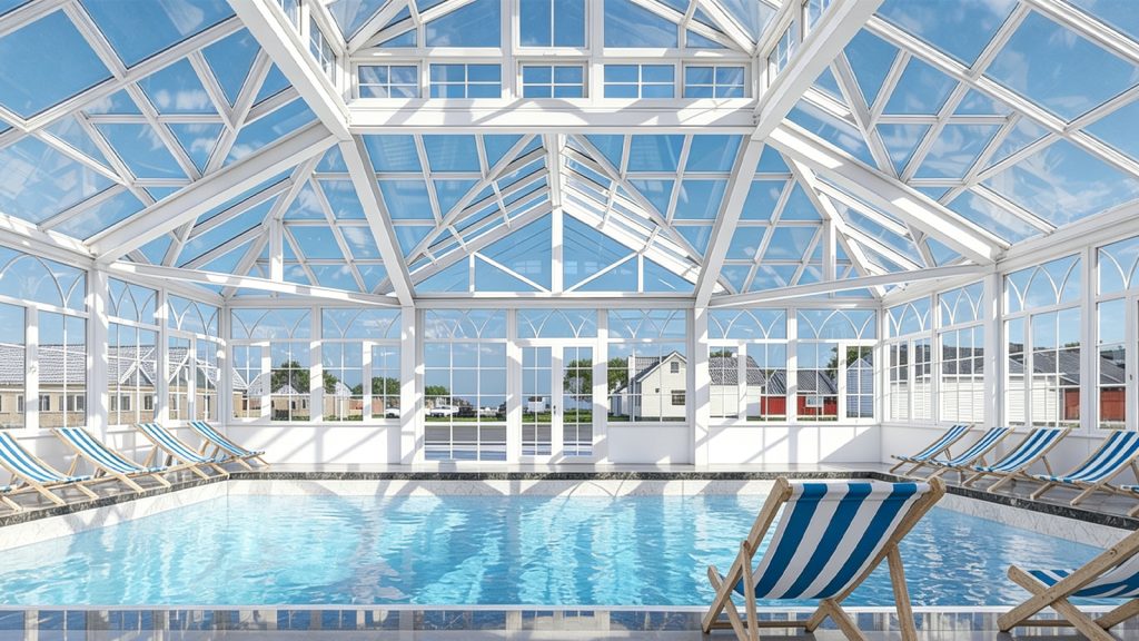 Sunny white-framed glass pool enclosure with blue-and-white striped lounge chairs.