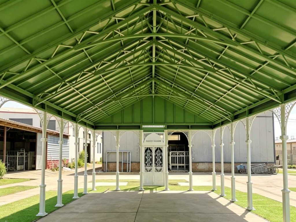 Internal triangular steel truss roof frame of 1000*402 wedding chapel green spray finish