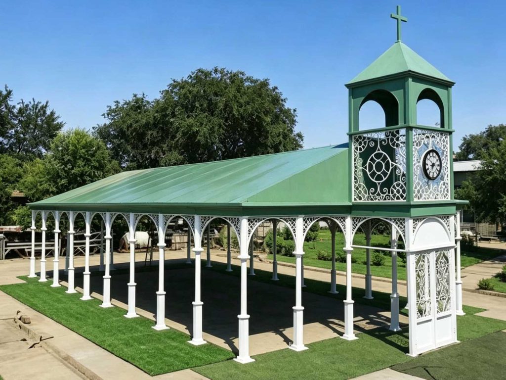 Side view 1000*402 steel wedding chapel long arched colonnade metal gazebo backdrop