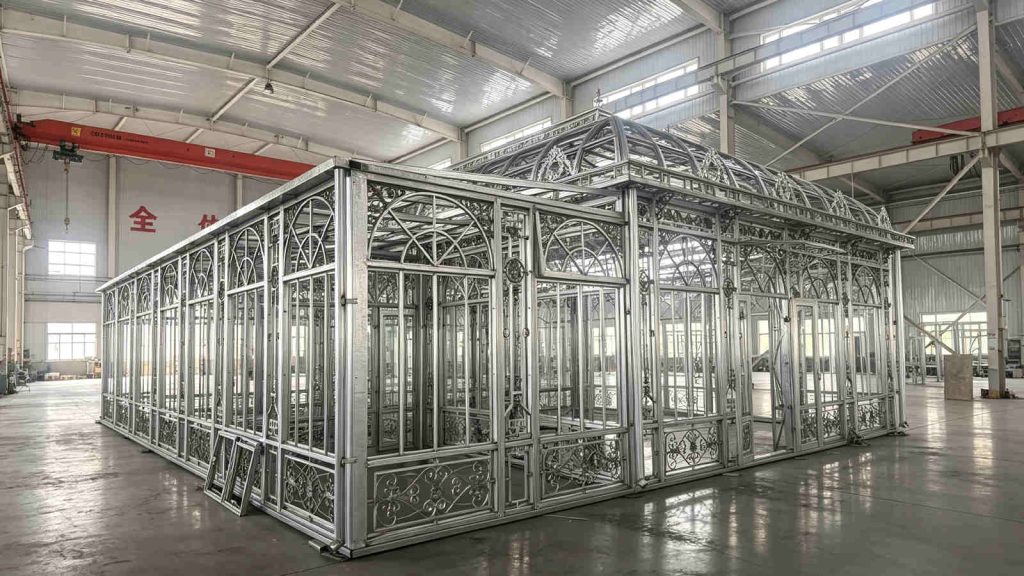 Factory visit showing the side perspective of the custom Victorian greenhouse structure with a worker standing nearby.
