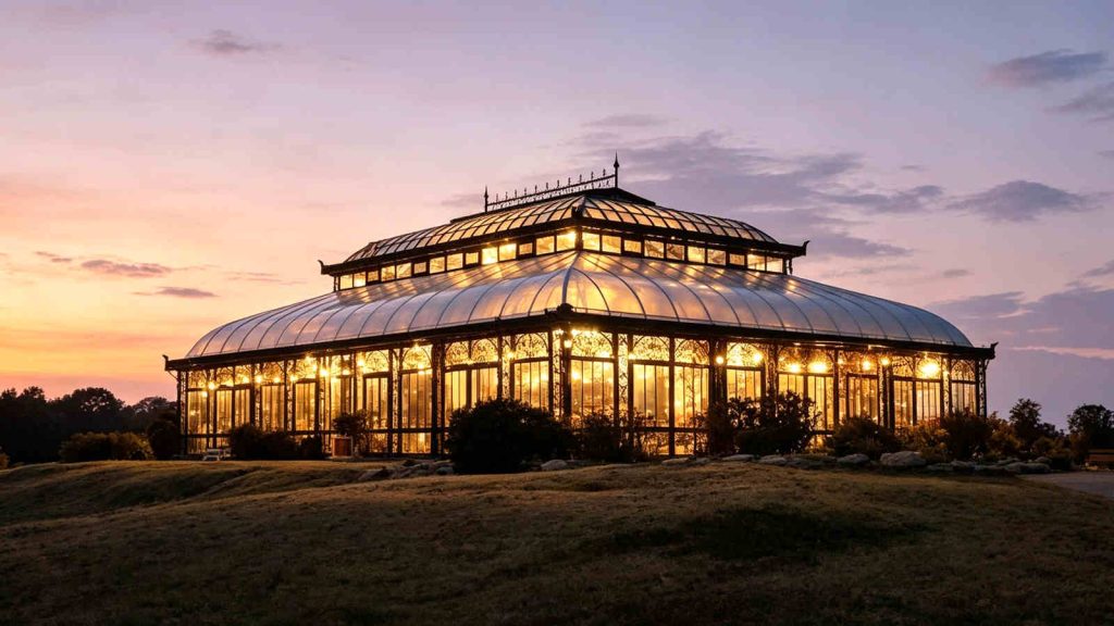 Victorian wedding conservatory illuminated at dusk, golden light shining through glass.