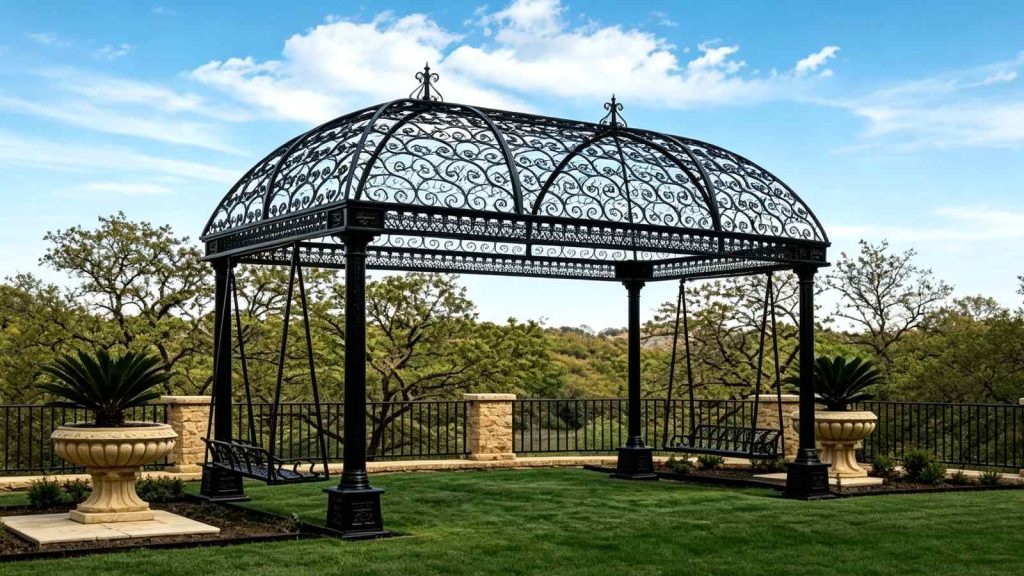 Ornate dome cast iron gazebo with swing seats in lawn garden