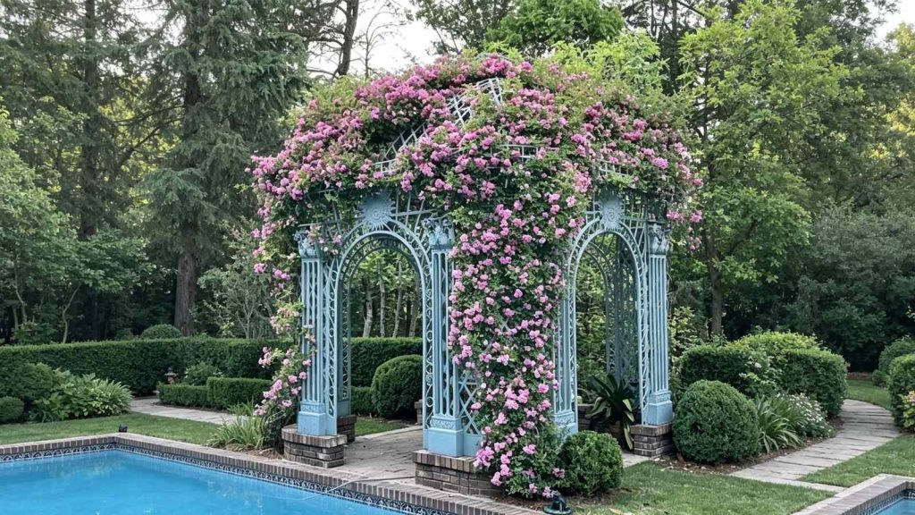 Trellis cast iron gazebo covered with climbing roses beside pool