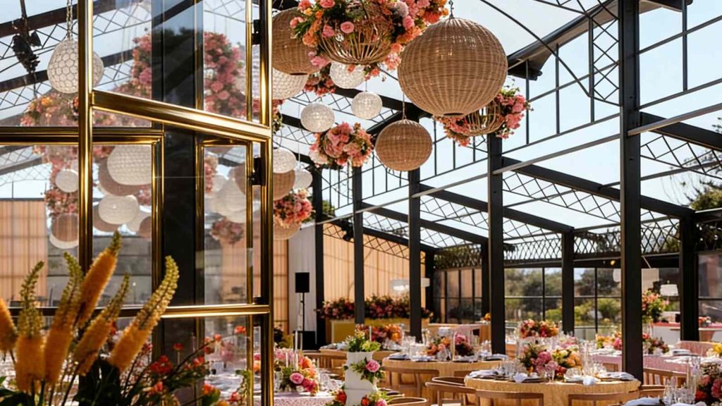 Decorated interior of glass event conservatory, hanging rattan lanterns and fresh floral arrangements, set banquet dining tables, black metal lattice roof framework