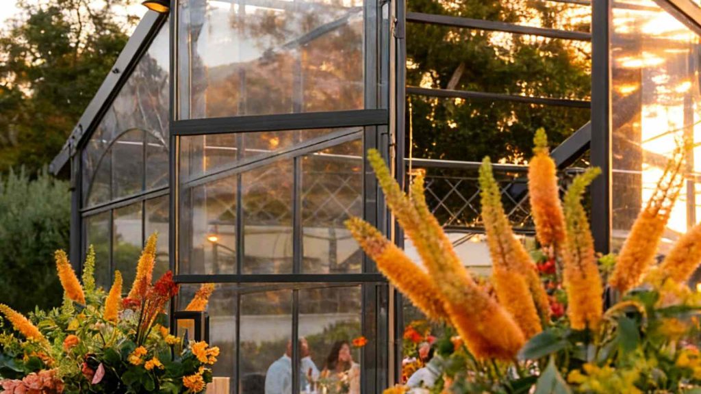 Close-up shot of black metal framed glass event conservatory at sunset, warm golden light filtering through glass walls, seasonal orange flowers framing the structure, guests dining inside