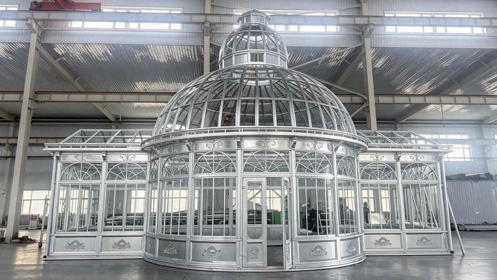 Prefabricated hot-dip galvanized steel dome sunroom frame, unfinished conservatory structure inside manufacturing workshop