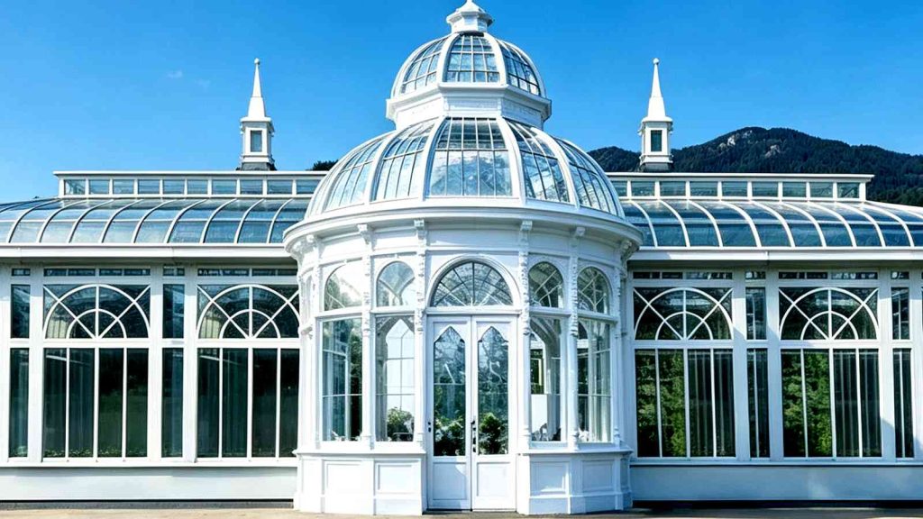 White Victorian dome hot-dip galvanized steel sunroom, ornate glass conservatory set against mountains and clear blue sky