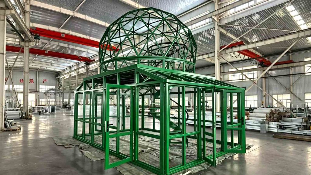 Green double-layer geodesic dome sunroom frame pre-assembled in factory workshop