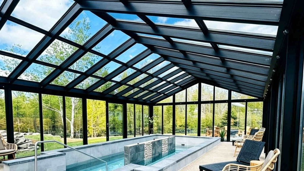 High-end glazed pool enclosure looking out to a green garden.