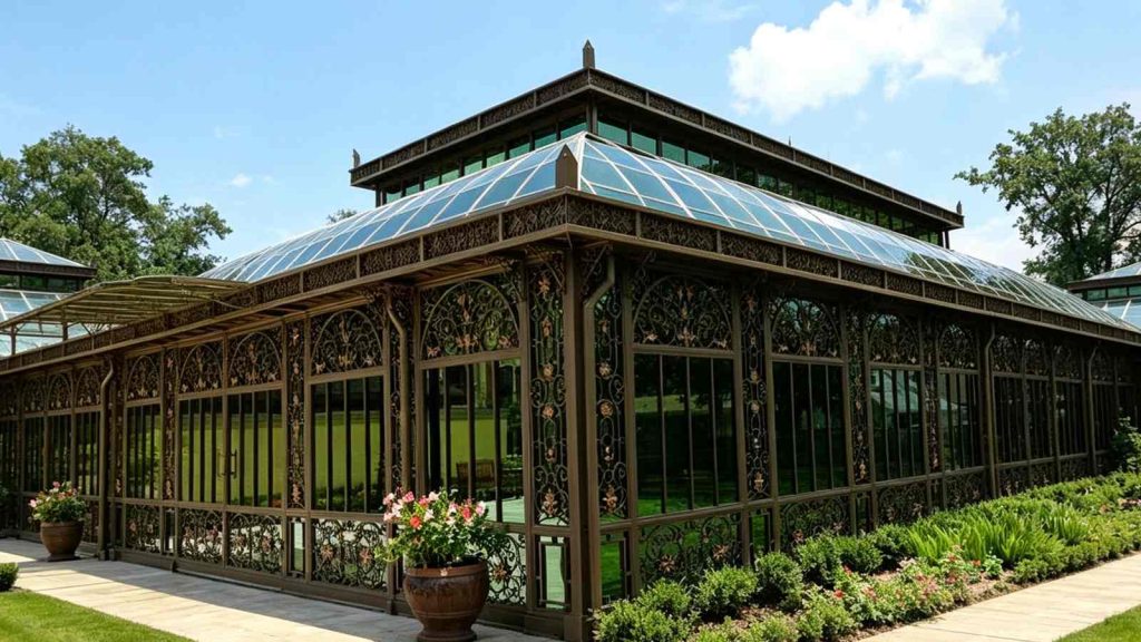 Side elevation of Victorian Conservatory sunroom, detailed ornate wrought‑steel ornaments and glass roof in green garden