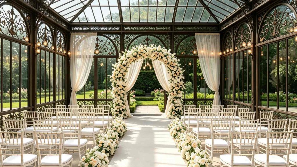 Victorian Conservatory sunroom interior set‑up for wedding ceremony, ornate steel frame, floral arch and guest seating