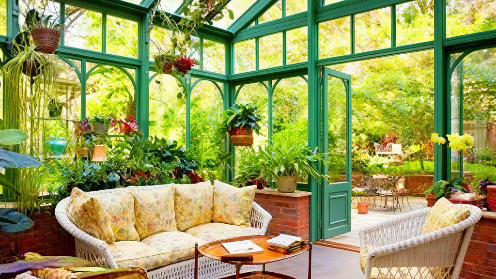 Green metal Victorian greenhouse, glass sunroom decorated for outdoor dining and garden parties