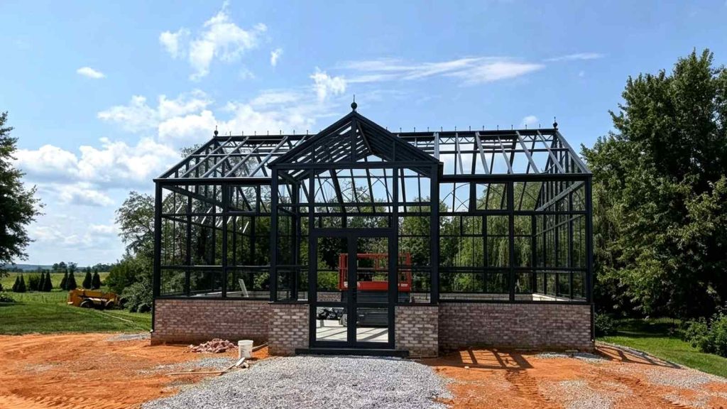 Unfinished bare metal frame Victorian greenhouse shell with brick base under construction at residential site