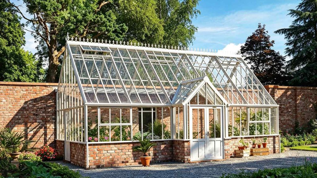 Classic white framed Victorian greenhouse with brick base, finial roof trim sitting in mature backyard garden