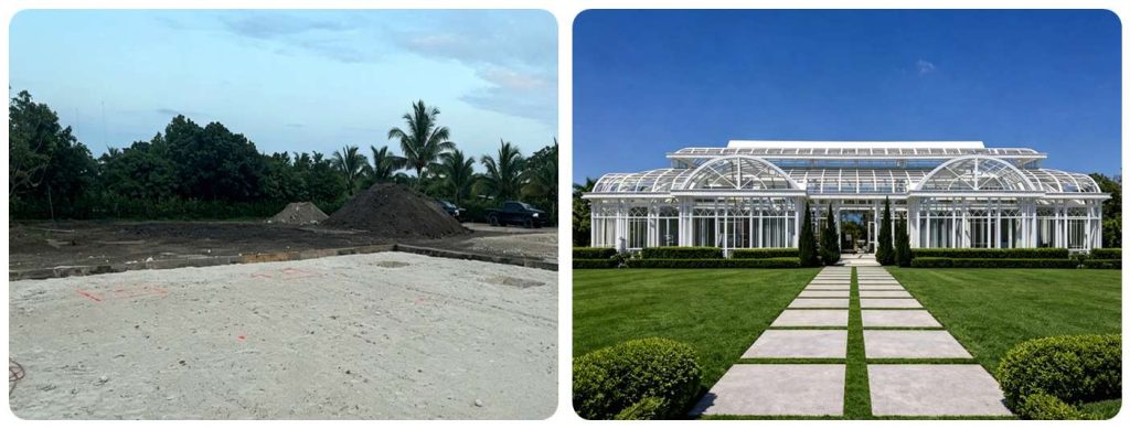 Before and after comparison Victorian conservatory venue Blackberry Ridge Florida raw site and finished glass building