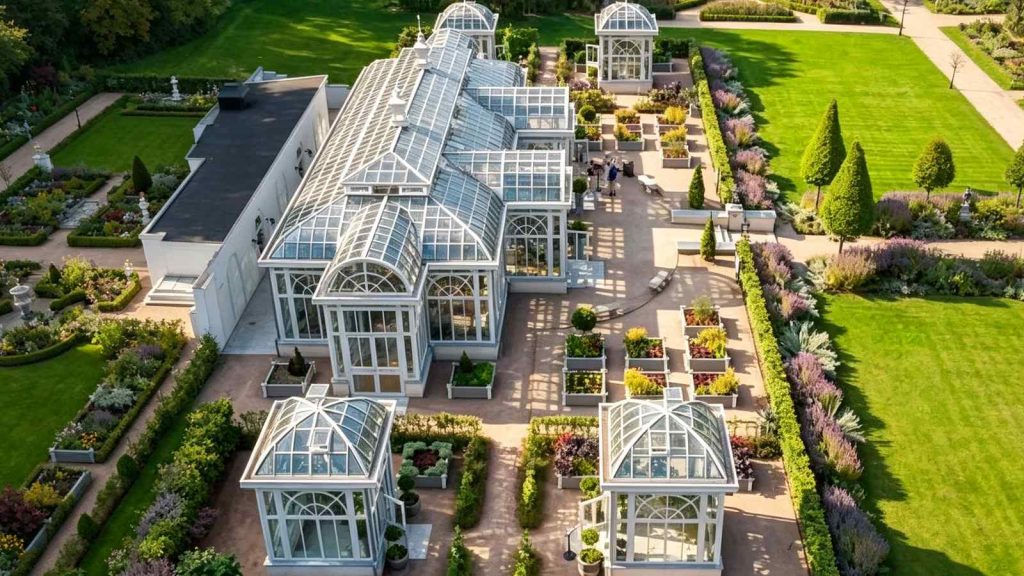 Aerial view of large Victorian glass conservatory complex with landscaped garden